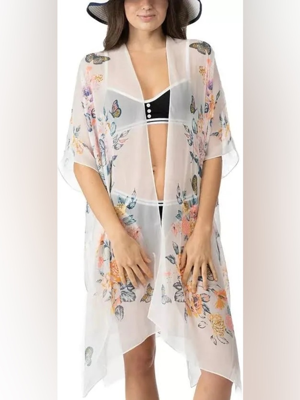 INC International Concepts White Sheer Floral Butterfly Kimono Cover-Up